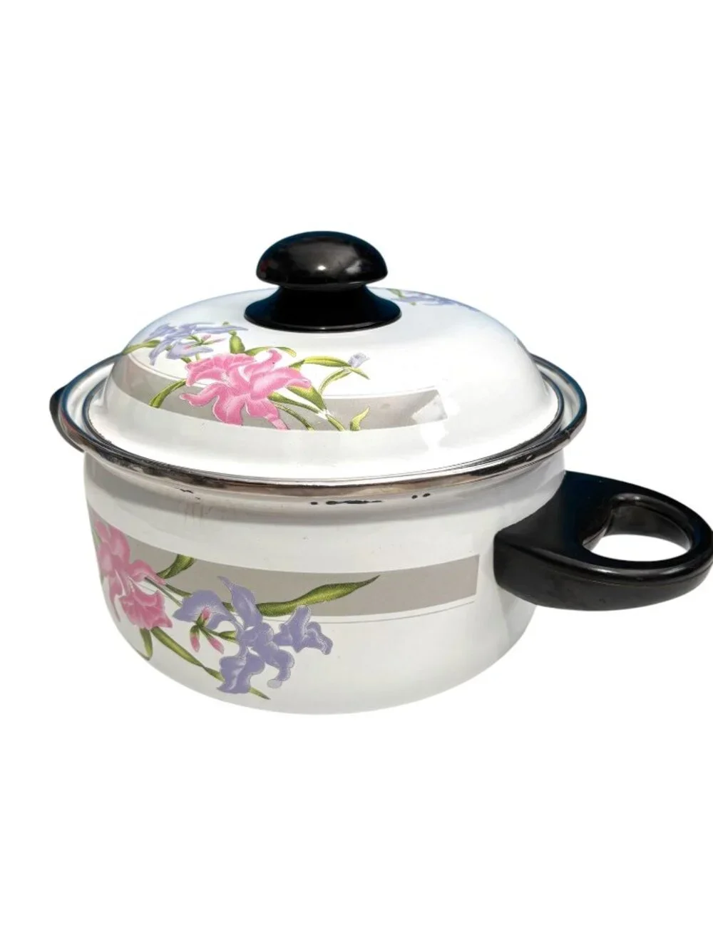 Vintage Floral Enamel Cooking Pot With Lid 2-Quart Black Handles White With Pink
